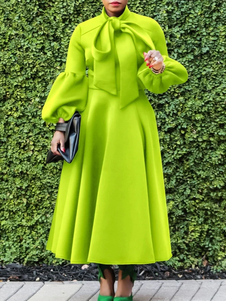 

2024 Fall Winter Women A Line Christams Party Dress Big Bowtie Long Lantern Sleeves Pleated Fashion Stylish Birthday Event Gowns