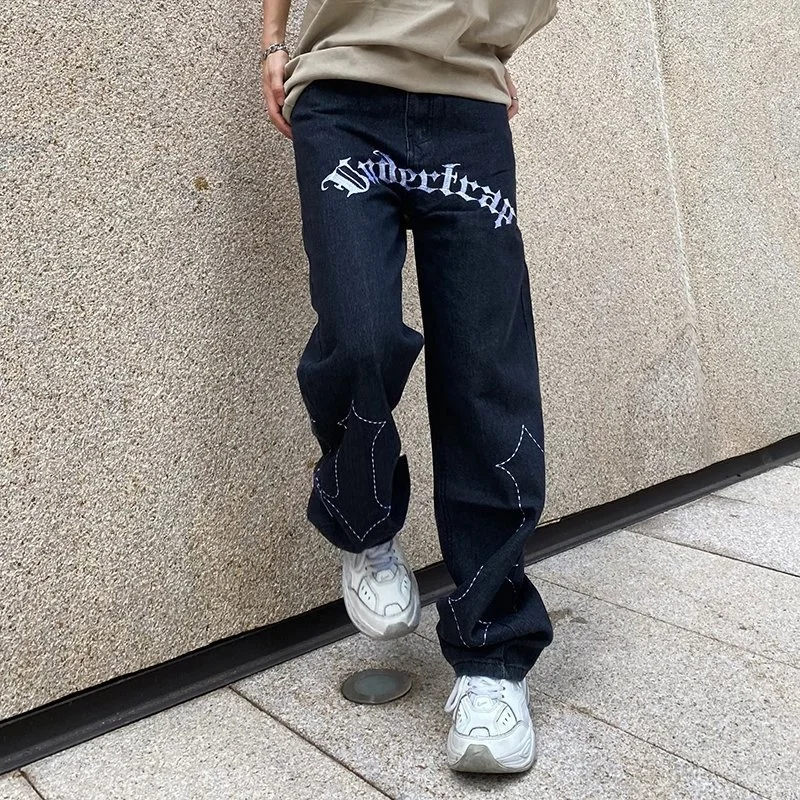 Harajuku Letter Print Hip Hop Mens Black Streetwear Wide Leg Straight  Jeans Pants Alt Straight Denim Trousers  men clothing