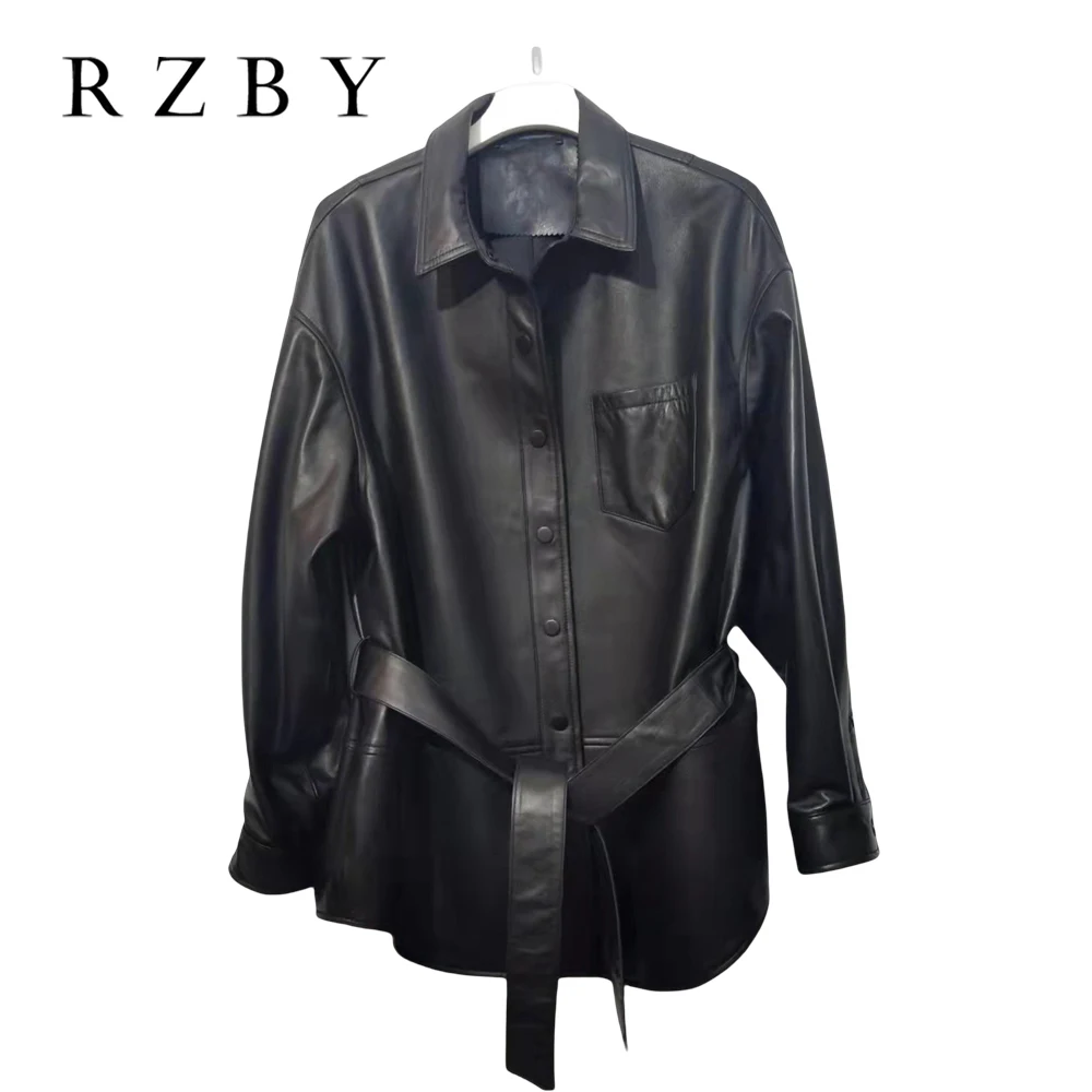 

Fashion Women Sheepskin Leather Jackets Long Sleeve Jawueta Couro Feminina Adjust Belt 여성가죽조끼 Lady Elegant Black Blazer RZBY2403