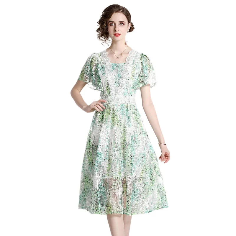 Simgent Green Lace Dress Women Summer 2022 New Fashion Elegant A Line Elegant Slim Sequin Midi Dresses Female Clothing SG25265