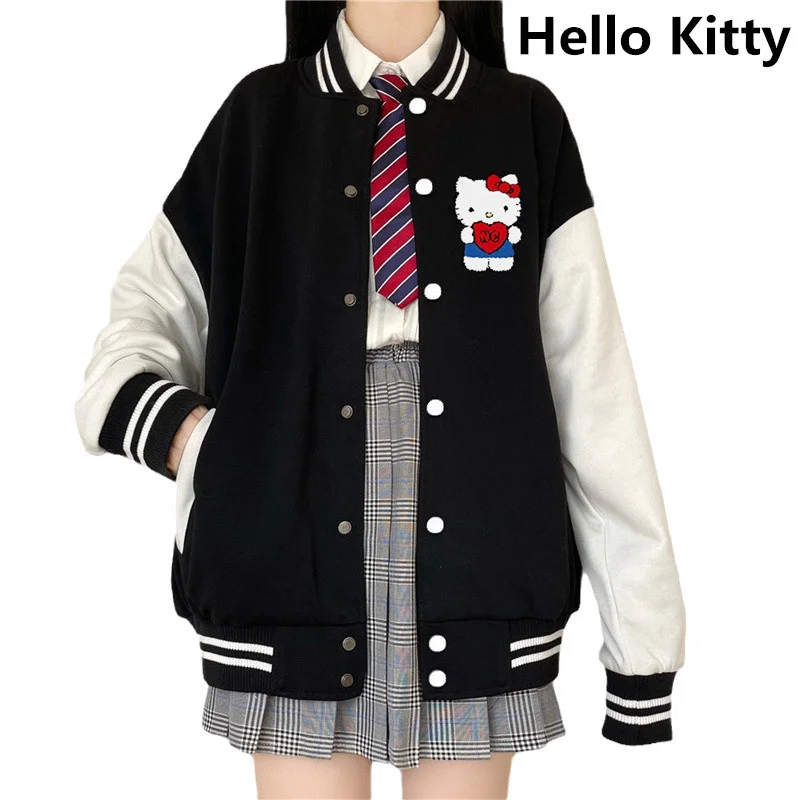 

Черное Женское пальто Hello Kitty, бейсбольная куртка, Лоскутная куртка с милым мультяшным принтом на осень/зиму