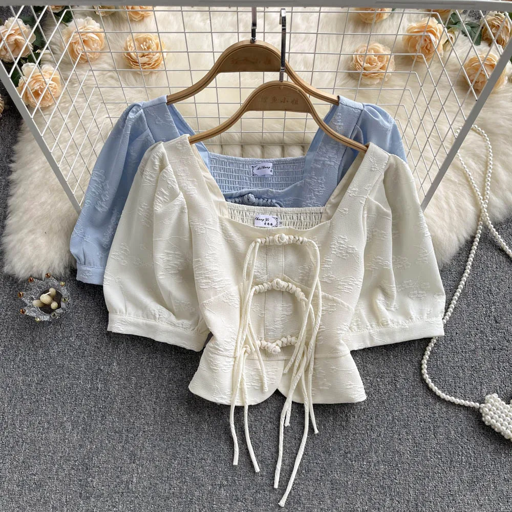 

Vintage Elegant Square Collar Women Blouses Korean Chic Sweet Puff Short Sleeve Shirts Japanese Preppy Style Button Blusas Mujer