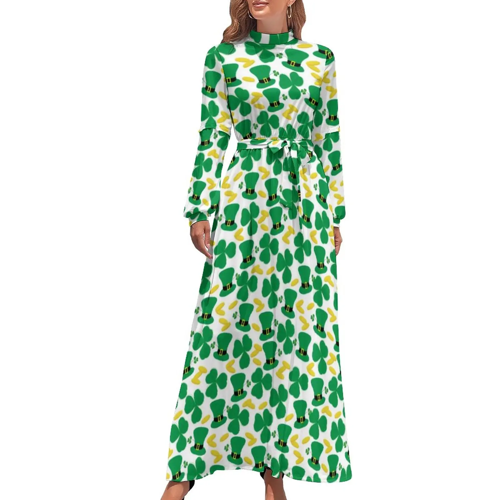 

St Patrick's Day Dress Lucky Shamrocks Gold Coins Leprechaun Hat Long Sleeve Maxi Dress Daily Streetwear Bohemia Long Dresses