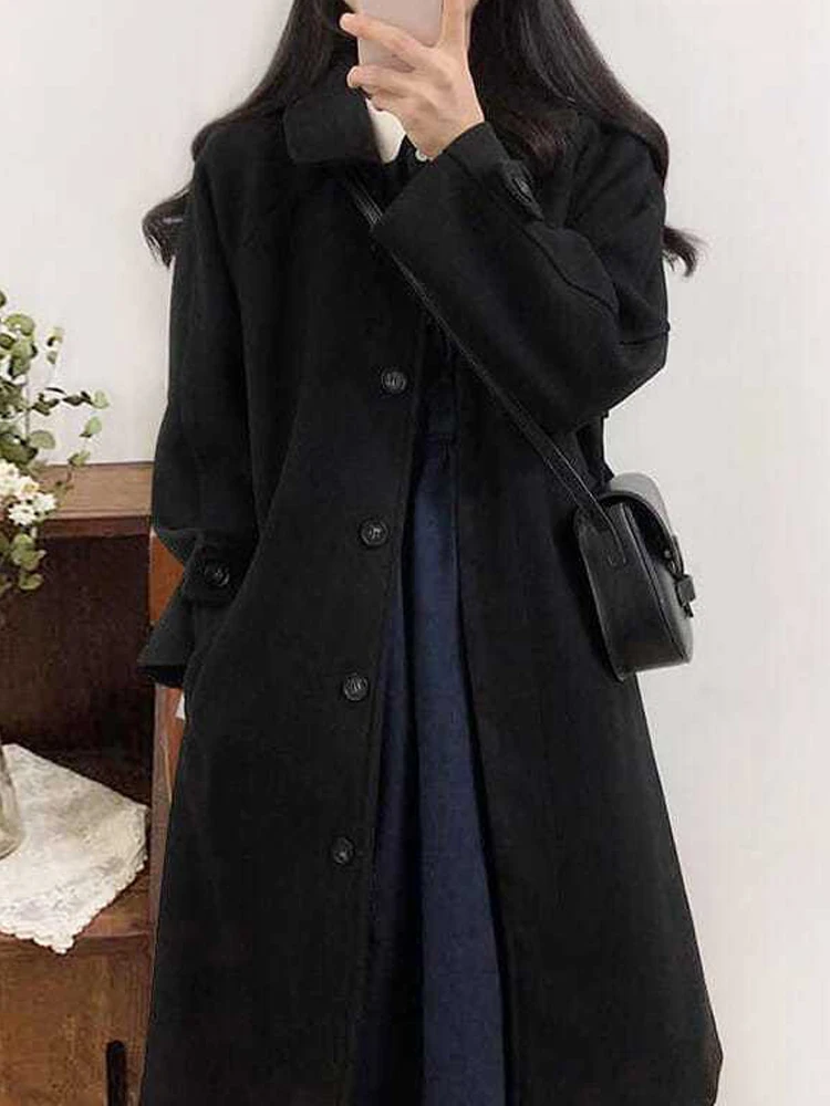 

Пальто женское длинное из искусственной шерсти, Элегантная модная верхняя одежда средней длины в винтажном стиле, шикарное однобортное пальто, Осень-зима