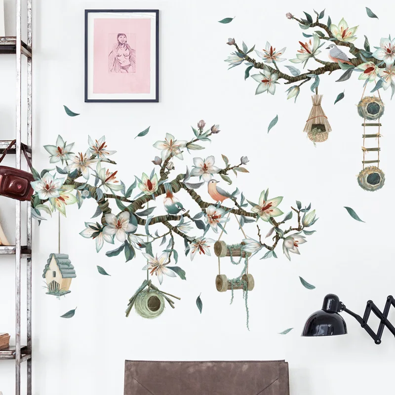Ручная роспись магнолия цветы ветки и листья дерева настенные наклейки для