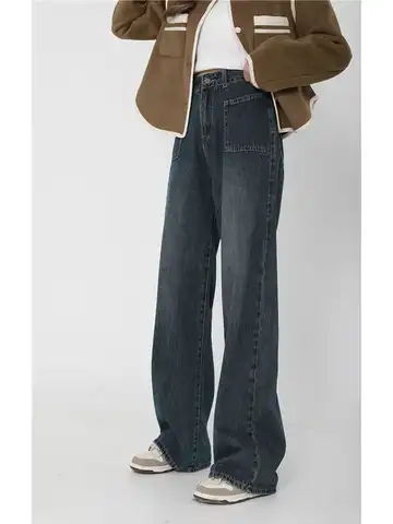 Vintage High Waist Women Jeans Korean Fashion Streetwear Wide Leg Jean Female Denim Trouser Straight Baggy Mom Denim Pants