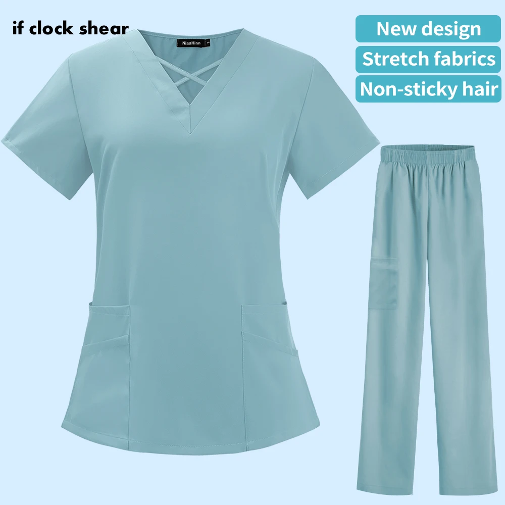 

High Quality Spa Uniform Pet Grooming Scrubs Set Unisex V-Neck Doctor Work Clothes Medical Suits Health Service Scrub Tops Pants