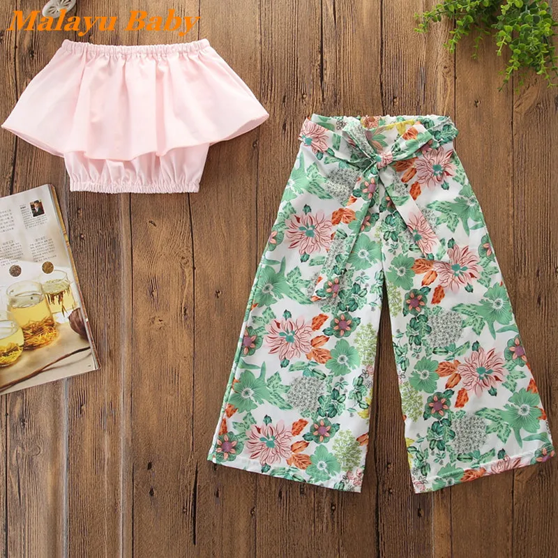 

MALAYU BABY Cute Girl Suit 2022 Summer New 2-6Y Fashion Child Ruffled Wrap Chest Top Floral Wide Leg Pants 2 Pcs Kid Clothing