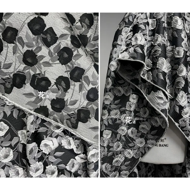

Jacquard Fabric Black Gray Stem Rose Creative Cheongsam Bag Dress Designer Cloth Apparel Sewing By Meter Polyester Material