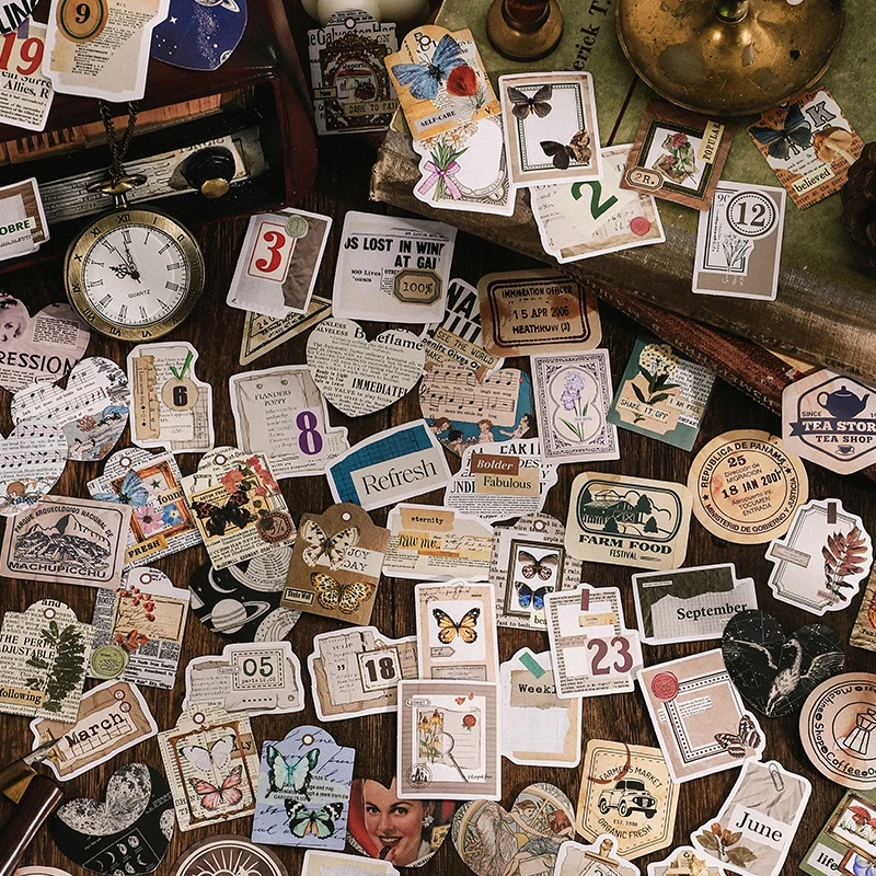 

46Pieces Box stickers Retro collection Past Prologue literary hand account decorative Adhesive Scrapbooking color Cut seal 44mm
