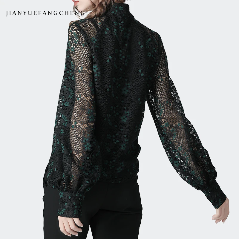 Женская кружевная блузка с рукавами-фонариками элегантная свободная винтажная