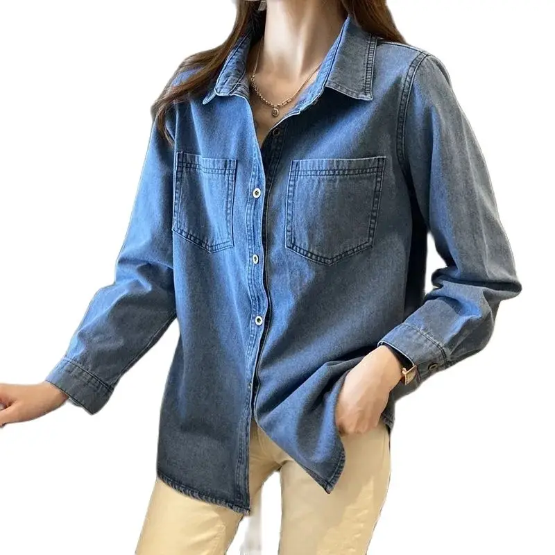 

Retro Denim Shirt Women's Spring 2023New Coat Loose Long-Sleeved Cowboy Jacket Overlapping Blouse Design Sense Niche Female Tops