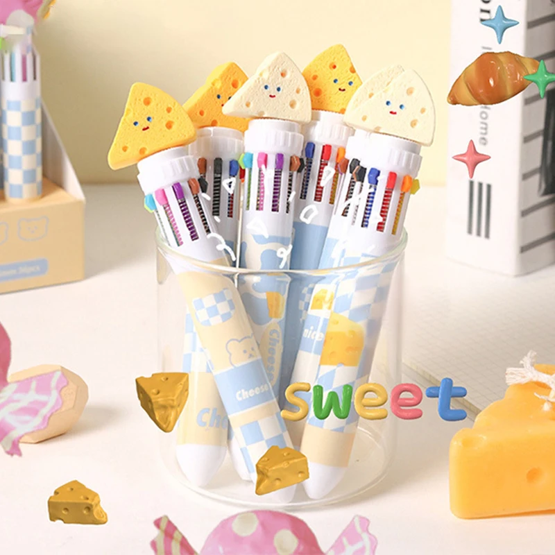 

Cartoon Cute Cheese Press Pens 10-color Retractable Ballpoint Pen Multicolored Pens Colorful Refill Student Writing Stationery
