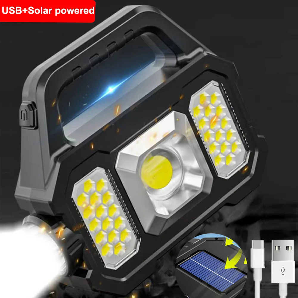 

USB Solar Rechargeable Flashlight Waterproof 6 Gear COB/LED Torch Light Portable Powerful Searchlight for Camping Hiking