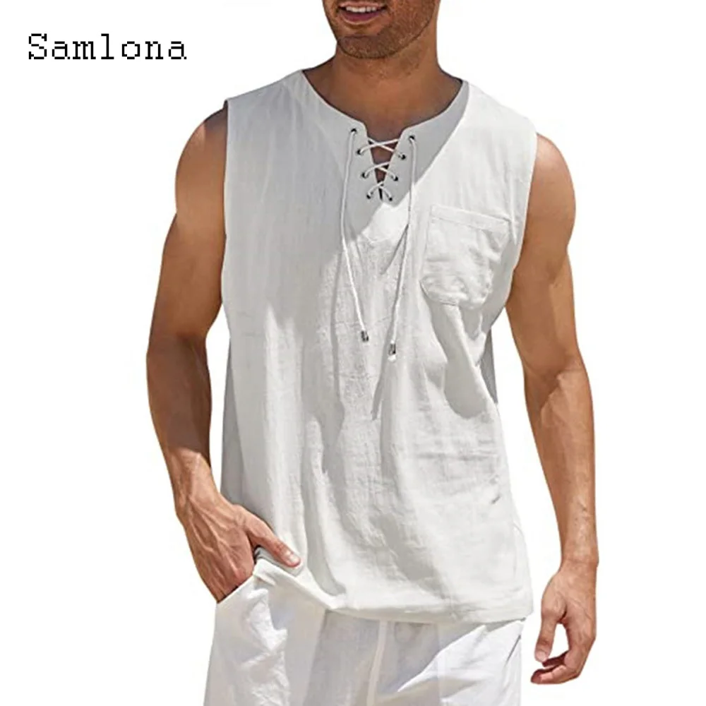 Samlona Plus Size Men Casual Linen Shirts Blouse 2023 Sleeveless Tops Male Solid Bandage Shirt blusas Sexy Mens Clothing 4xl