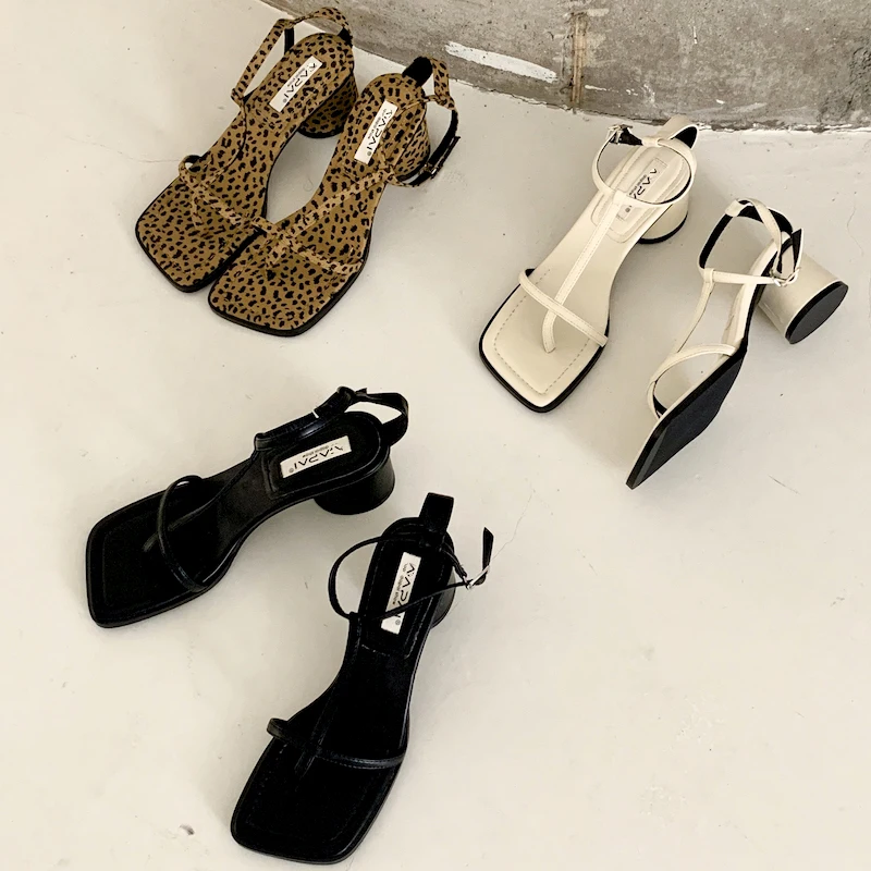 

Beige High Heels Square Toe Women's Shoes With Straps Branded Pumps Chunky Sandals Footwear 2022 12cm Buckle Leopard Fashion Cas