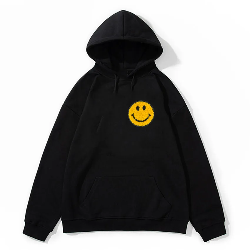 

Hip Hop Smile Face Embroidery Patchwork 320g Heavy Fabric Cotton Hoodies Mens Casual Loose Harajuku Male Hoodie Streetwear Hoody