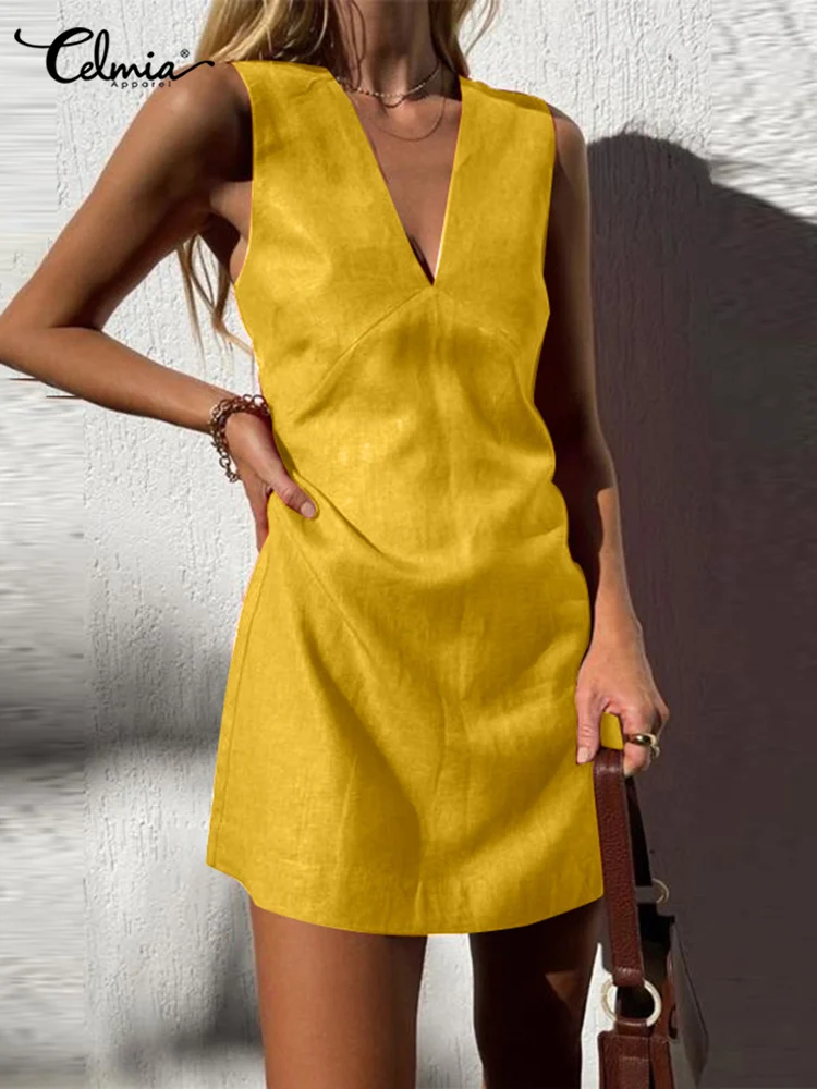 

Sexy Sleeveless Mini Dress 2022 Celmia Fashion V Neck Party Elegant Sundress Summer Casual Loose Stitching Solid Short Vestidos