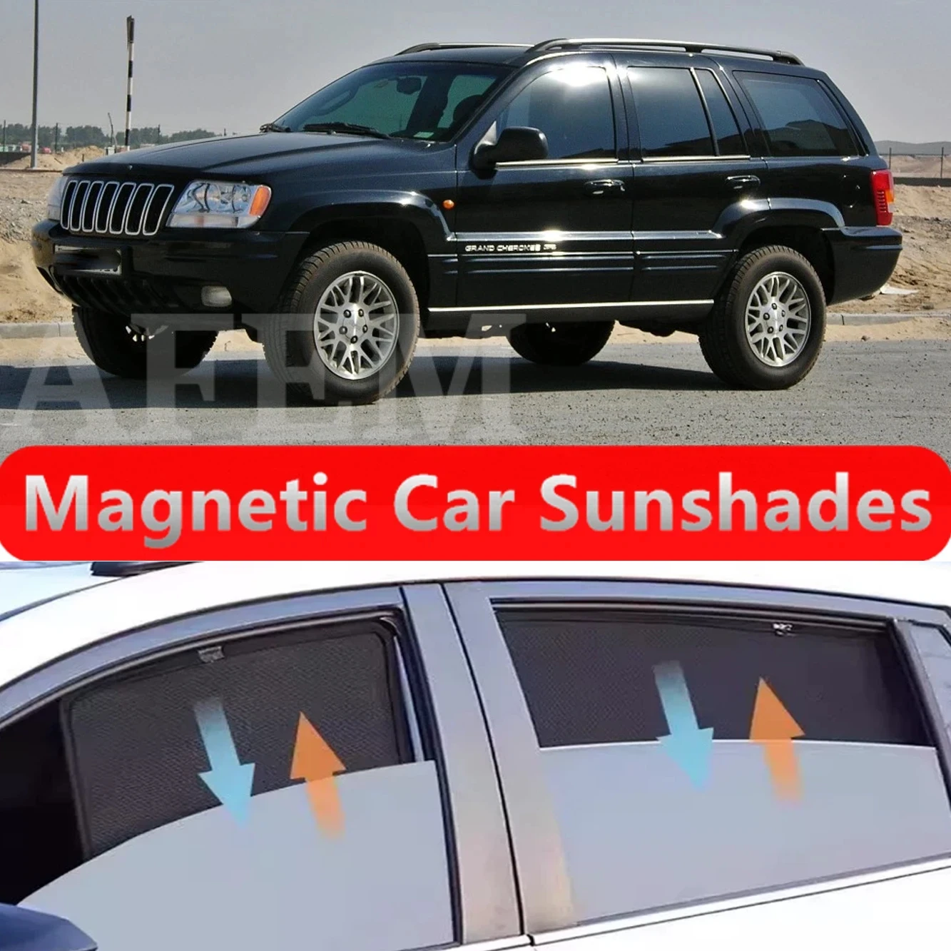 Фото Для Jeep Grand Cherokee WJ WG 1999-2005 годов: индивидуальные магнитные солнцезащитные шторки на окна автомобиля, сетчатые шторки на лобовое стекло, аксессуары №1