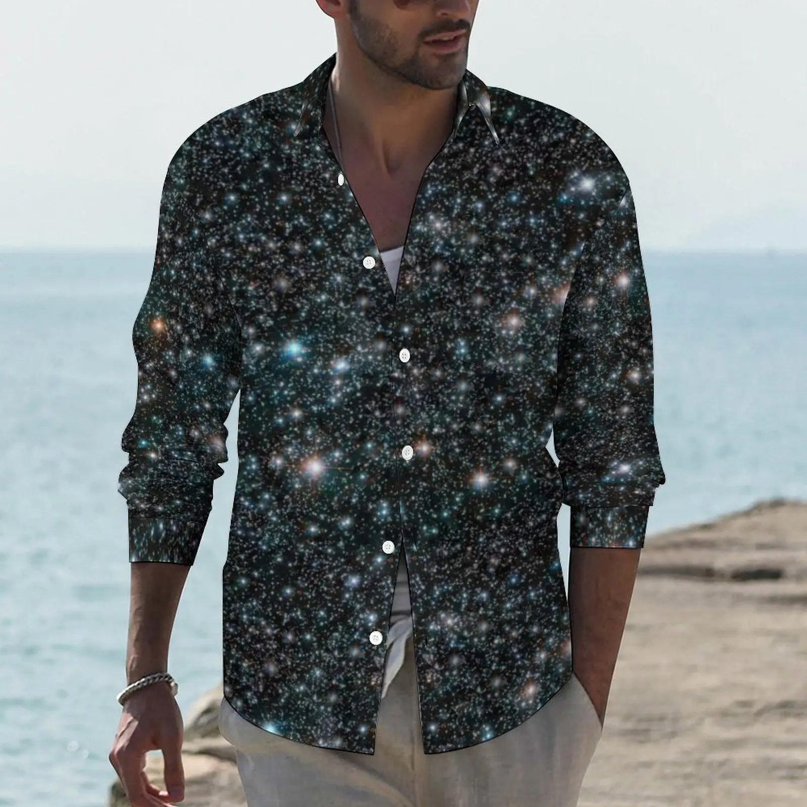 

Galaxy Stars Shirt Stars Cosmic Outer Space Universe Black Casual Shirts Man Vintage Blouses Long Sleeve Aesthetic Top Plus Size