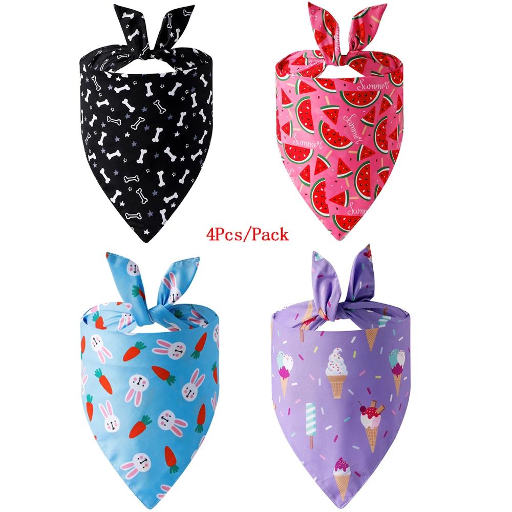 

4PCS/Pack Dog Bandana Watermelon Ice Cream Bones Double-Layer Washable Triangle Dog Scarf Personalized Reversible Pet Bandana