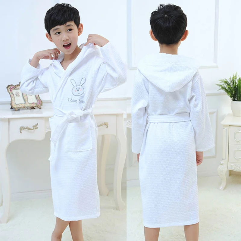 

Blue Pink Kids Hooded White Sleeve Summer Wholesale Bath Children Sleepwear Long Bathrobe Children Robe Waffle Bathrobe