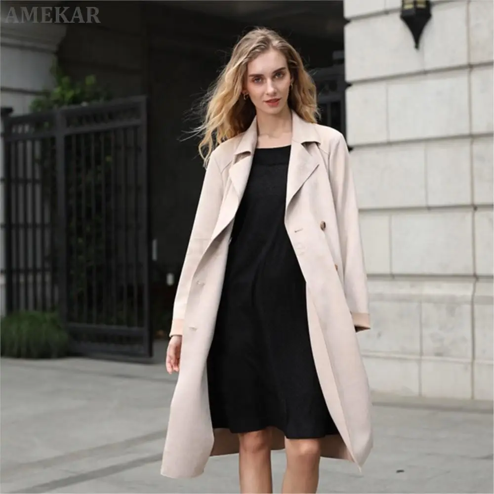 Women Fashion Real Suede Long Coat double-breasted With Belted Pure Color Windbreaker Leisure Lapel Real Fur Jacket