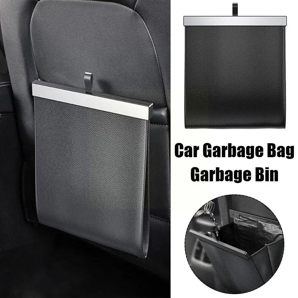 

Car Garbage Bag Waterproof Magnetic Adsorption Trash PU Auto Leak-proof Hanging Storage Seat Pocket Back Can Accessories Le T0G4