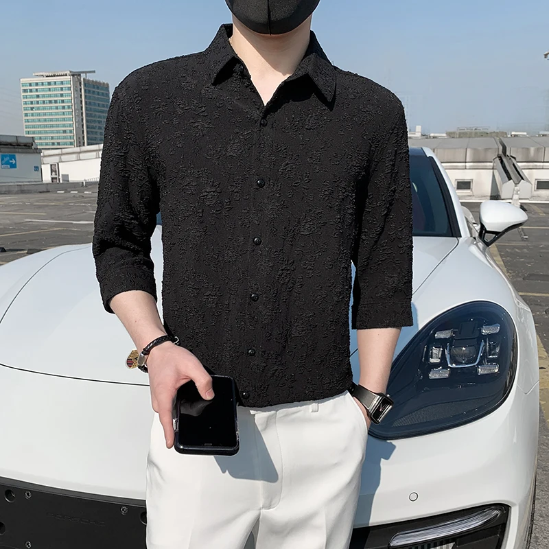 

Рубашка мужская с цветочным 3D тиснением, приталенная деловая Повседневная, с рукавом до локтя, смокинг певицы, вечерняя одежда, уличная одеж...