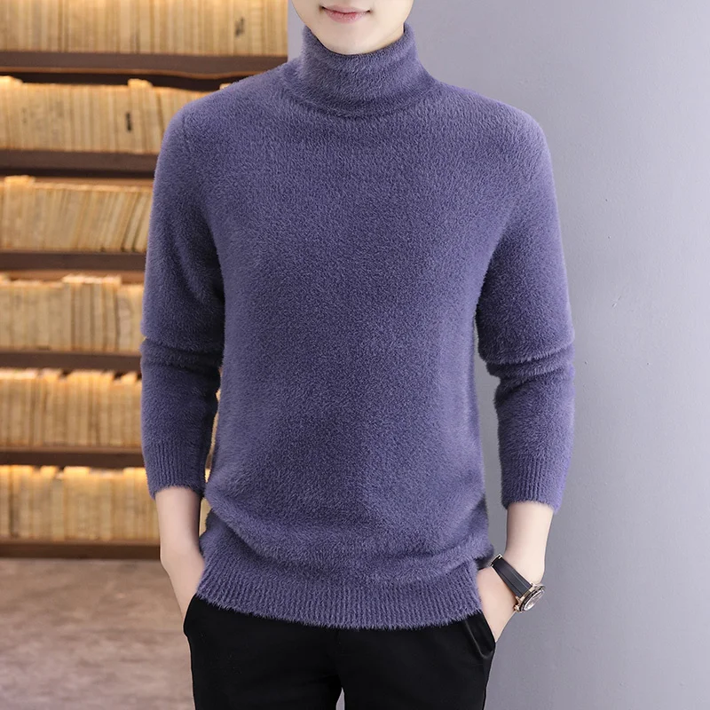 

2023 Autumn and Winter Plain Boutique Pullover Sweater Men's Loose Bottoming High Neck Plus Velvet Thick Chenille Warm Sweaters