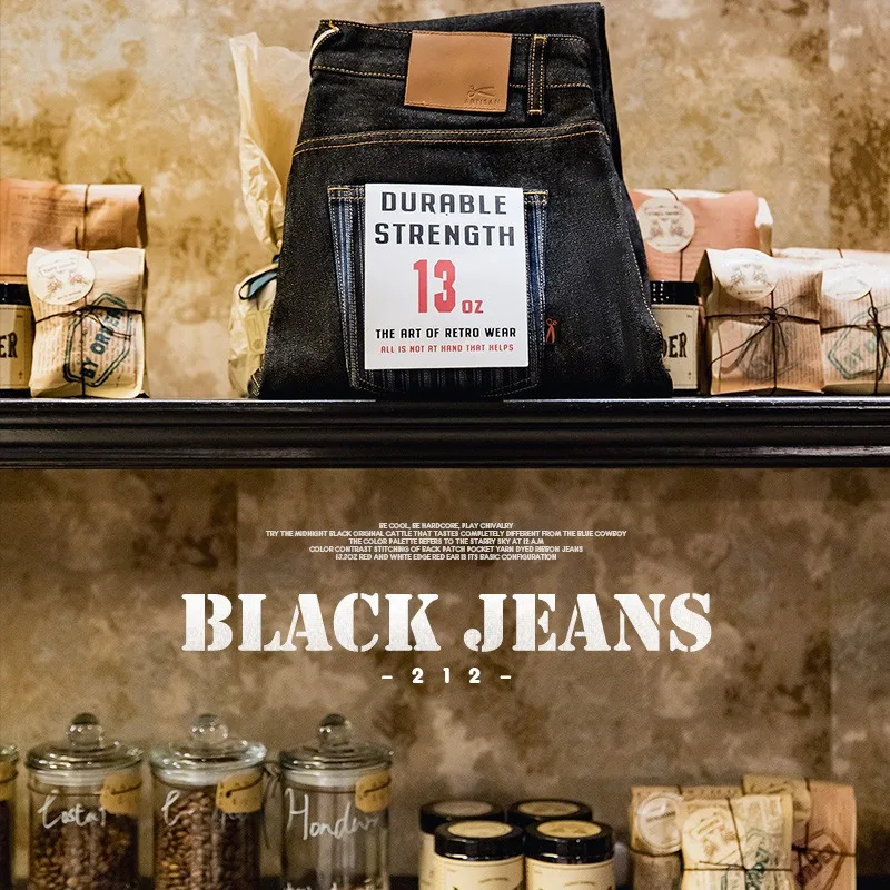 Maden Men Vintage Black Denim Jeans Straight-leg Classic Trousers 100% Cotton Autumn Winter Baggy Pants Brand Clothing Overalls