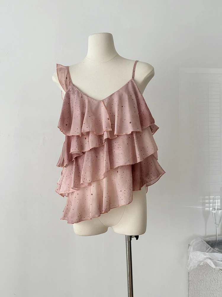 Женская винтажная шифоновая кофта на бретелях с оборками