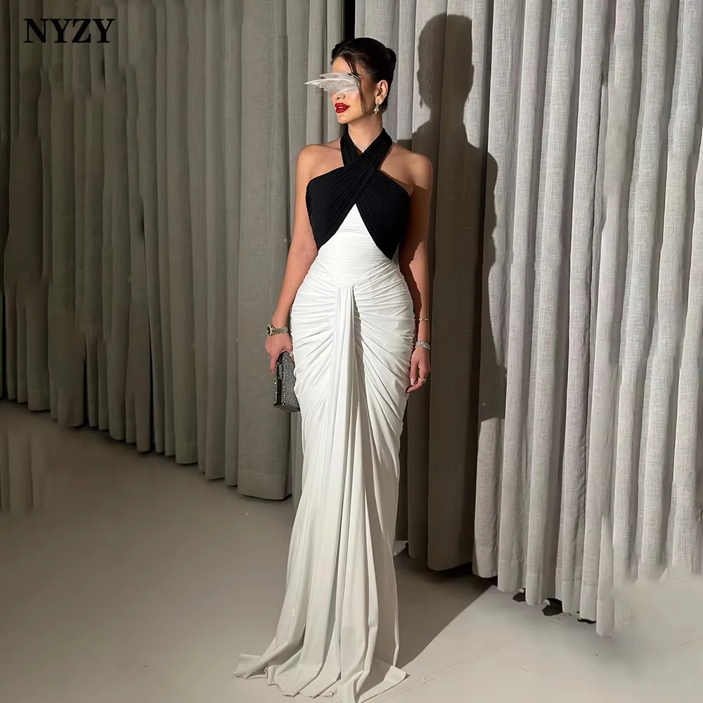 NYZY E437 Шифоновые черно-белые вечерние платья русалки с лямкой на шее элегантные