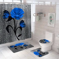 blue dewdrop rose shower curtain with hooks 4 piece bath set with toilet cover mat set hd printed butterfly rugs for bathroom