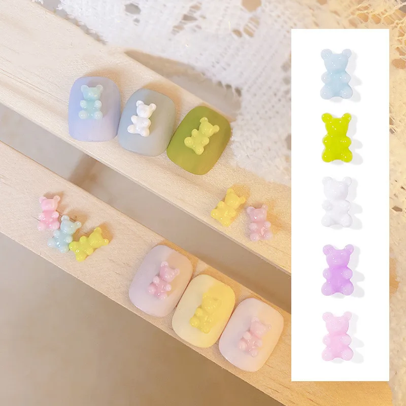 200PC Macaron Resin Little Bear Nail Access 4*7mm Nails Stick Press On Decoration Cute Small Candy Mini Bears 6 Colors For Nails