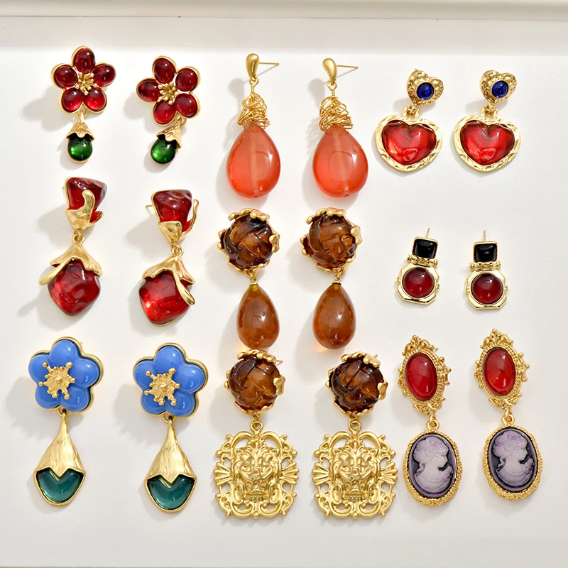 

New Colorful Glaze Big Metal Drop Earrings for Geometrical Flower Waterdrop Dangle Earring for Women Jewelry Retro Gold Plated
