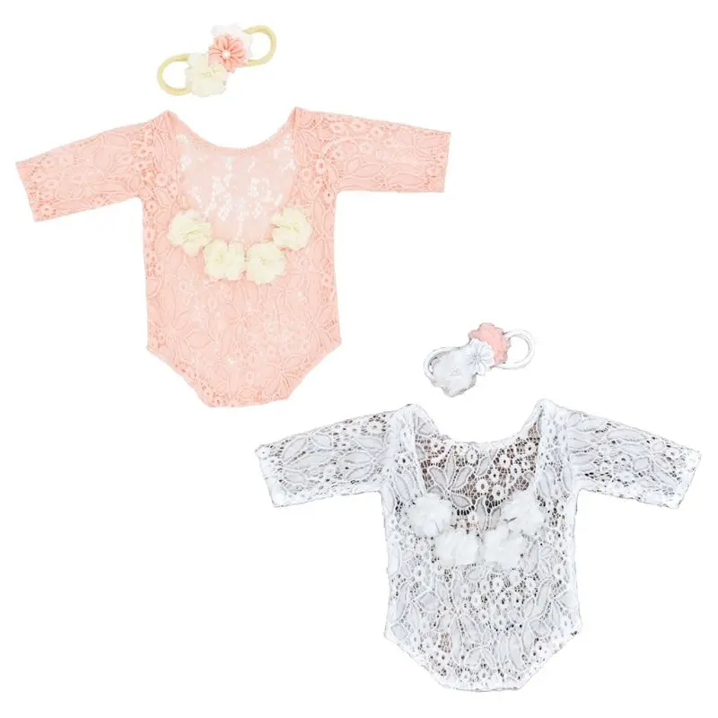 

Infants Hair Band Headdress Jumpsuit Baby Flower Pearl Headband Lace Romper Set
