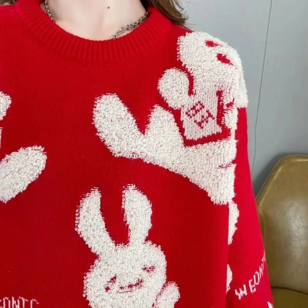 Christmas Dress For Women Sweater Winter Autumn Red New Years Clothing Rabbit Long Sleeve Pullover Loose Evening Party Dresses