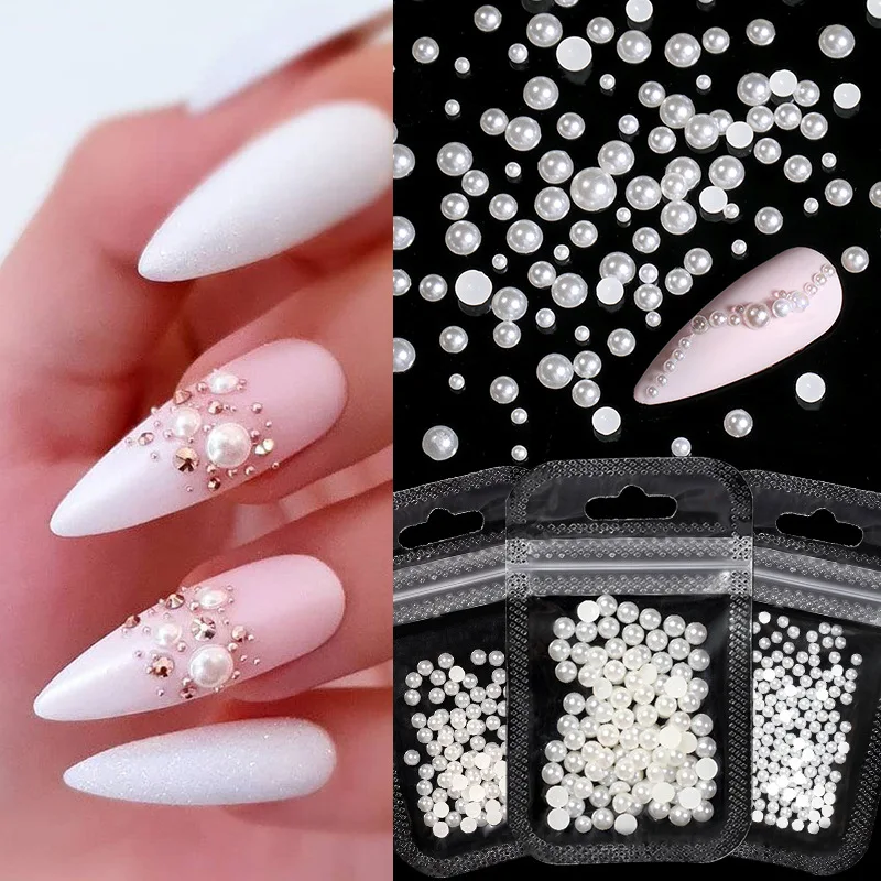 

200pcs/bag Nail Art Jewelry Pearl Flat Bottom Half Circle Full Circle Nail Rhinestone Nail Decoration Elegant Nail Art Design