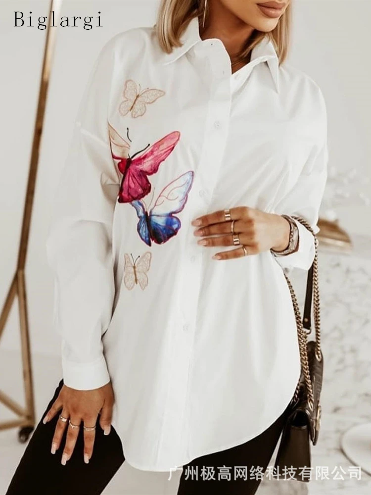 

Butterfly Print Long Sleeve Shirt Women 2022 Fashion Spring Autumn White Long Shirts Casual Blouse Office Shirts Ladies Tops