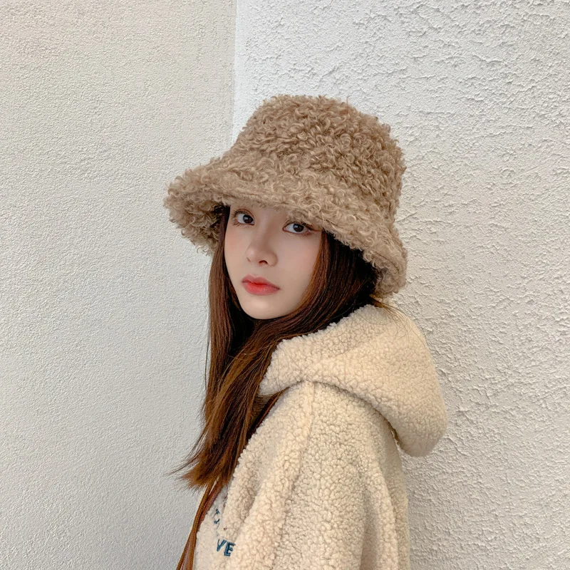 

H110 Women Hat Solid Artificial Fur Warm Female Cap Faux Fur Winter Bucket Hat for Women Outdoor Sunscreen Sun Hat Panama Cap