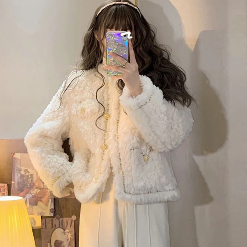 

2023 New Winter White Lamb Wool Coat for Women Faux Fur Mid Length Loose Parka Jacket Outerwear Autumn Fluffy Overcoat