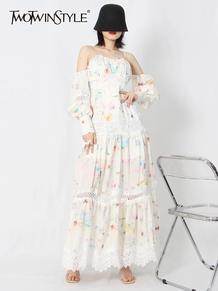 

TWOTWINSTYLE Summer Off Shoulder Dress For Women Slash Neck Long Sleeve High Waist Print Colorblock Midi Dresses Female Clothing