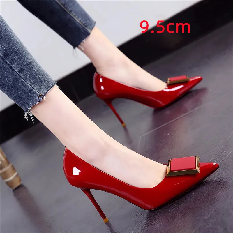 

Female Fashion Red Patent Leather Spring Slip on Stiletto Heels Women Casual Black Elegant Heel Pumps Zapato De Mujer H198