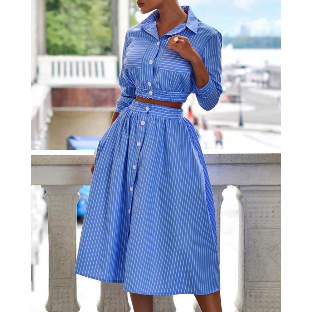 

Temperament Women Buttoned Design Long Sleeve Striped Shirt & Midi Skirt Two Piece Set Summer Autumn Casual Dress Set Streetwear