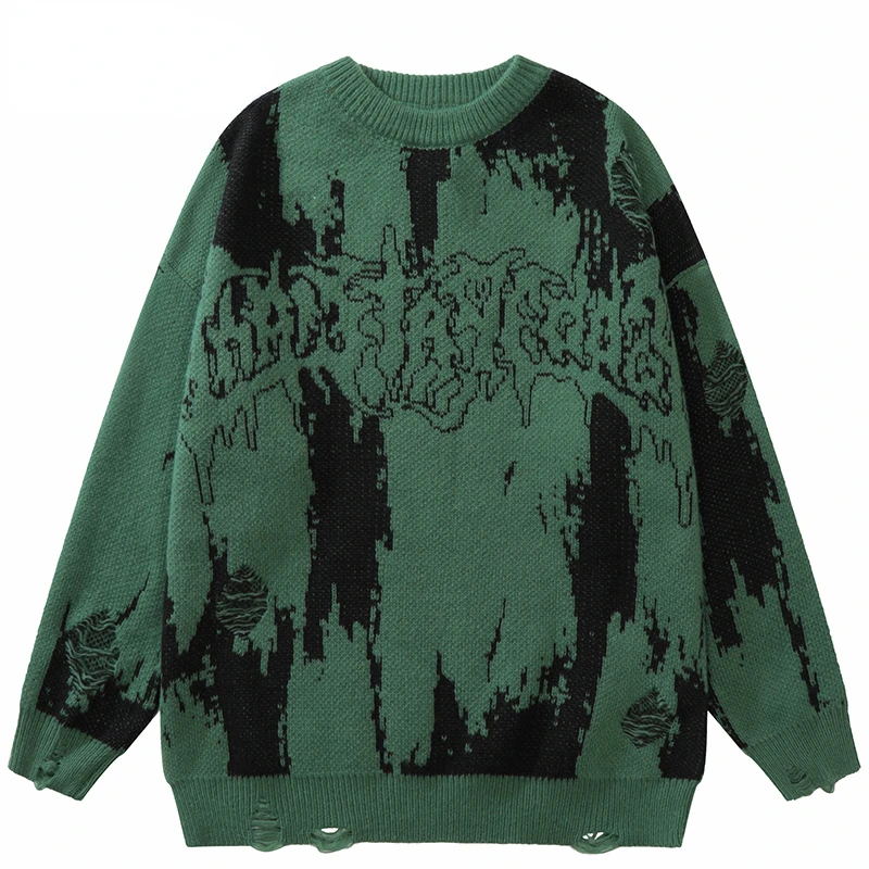 

2023 Men Streetwear Ripped Sweater Distressed Vintage Letter Graphic Hip Hop Knitted Sweater Retro Pullover Sweater Hipster
