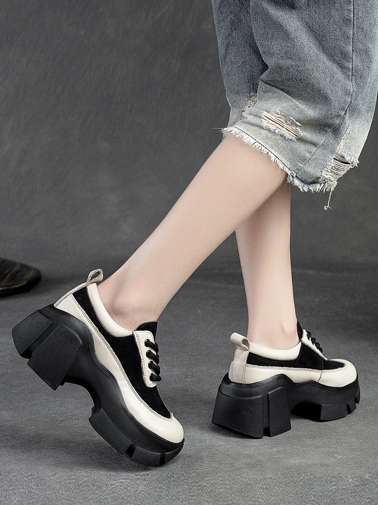 Beffery Women's Chunky Sneakers Genuine Leather Flats Platform Shoes Handmade Round Toe And Lace-up Low-top Sneakers