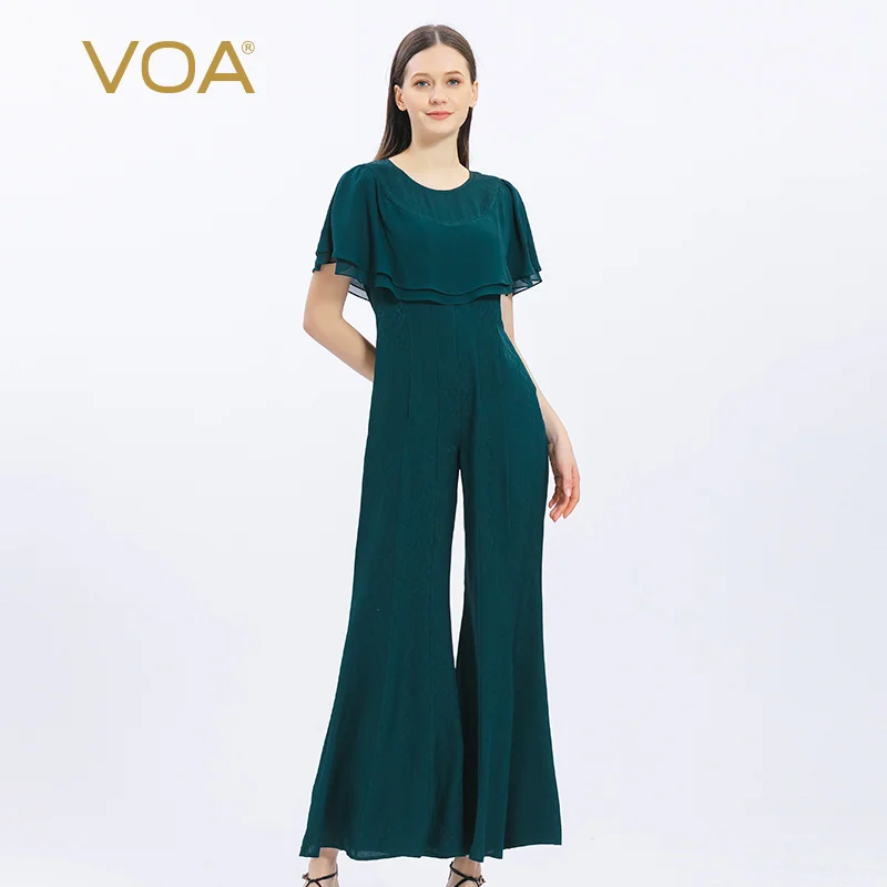 

VOA Silk Malachite Green Jacquard Back Zip Crew Neck Short Sleeve Loose-leaf Wide-leg Mulberry Silk Jumpsuit Women Pants KE669