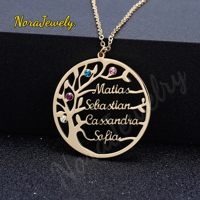 NORAJewelry Family Tree Necklace Iced Out Custom Name Birthstone Choker Gold Stainless Steel Jewelry Personalized Christmas Gift