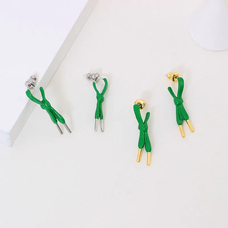 Shoelace knot earrings artificial oil dripping gold-plated enamel earrings female green temperament art earrings